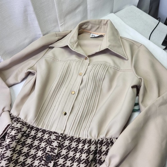 Vintage 1960s Plaza South Polyester Houndstooth Brown Dress Size Small - Picture 2 of 12